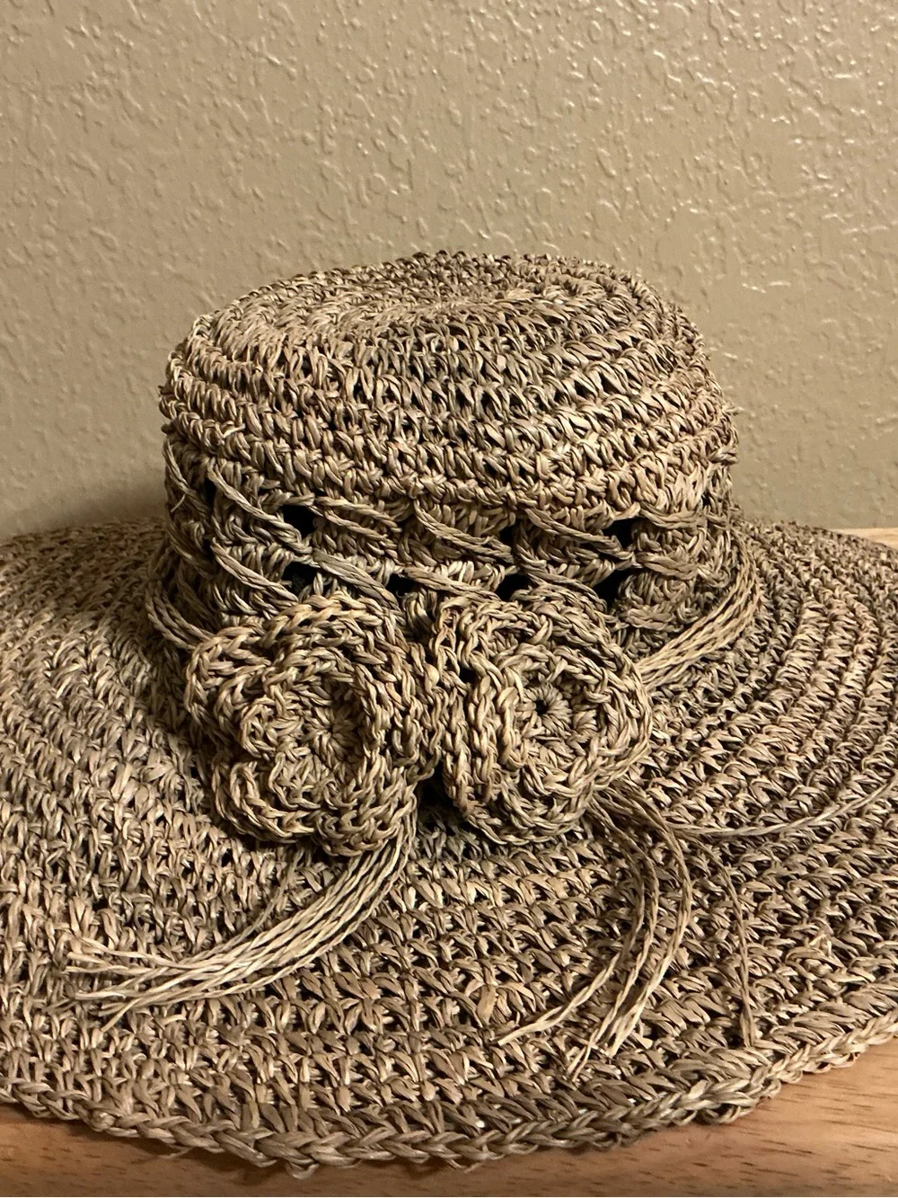 Scala Natural Crochet Wide-Brim Floral Sun Hat